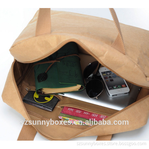 Ultra Light Cotton/Canvas Lining Kraft Paper Travel Shoulder Bag With Zipper Closure